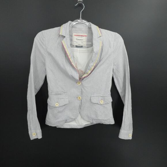 Anthropologie Jacket Women 6 Blue‎ White Striped Cartonnier Blazer Linen Blend - Picture 1 of 12
